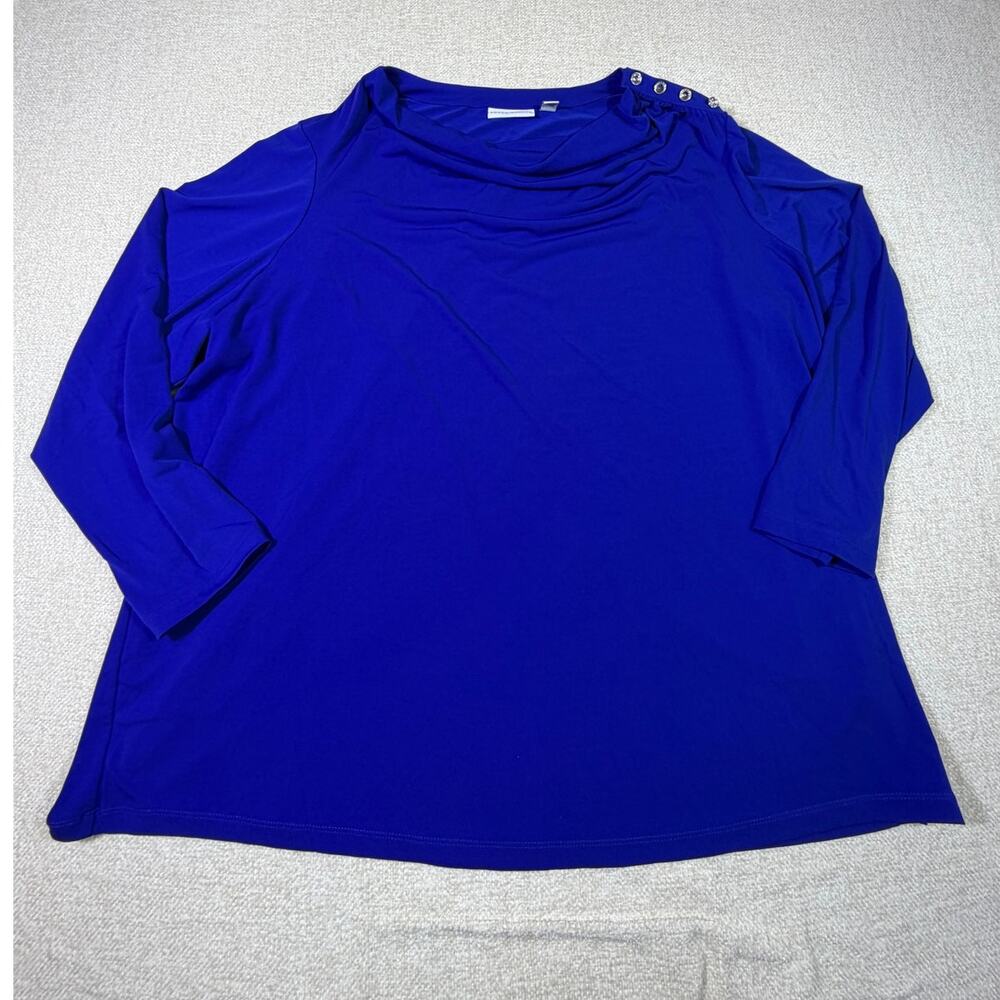 Susan Graver Women's 3X Blue Liquid Knit Long Sleeve Rhinestone Button Tunic Top